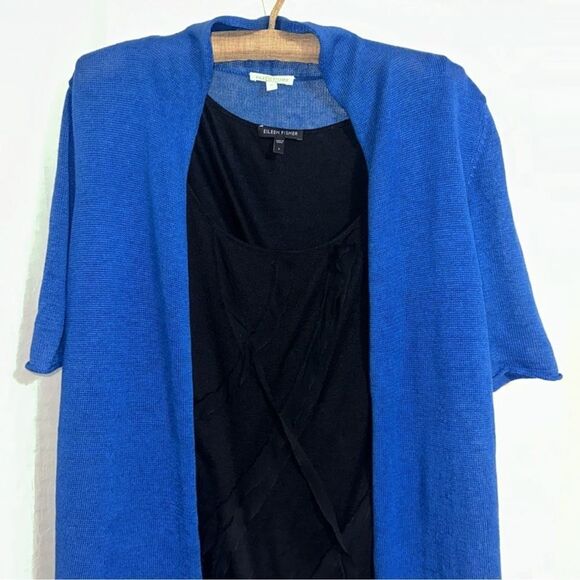 Eileen Fisher M Azure Blue Open Front Knit Short Sleeve Linen Cardigan - Picture 3 of 12